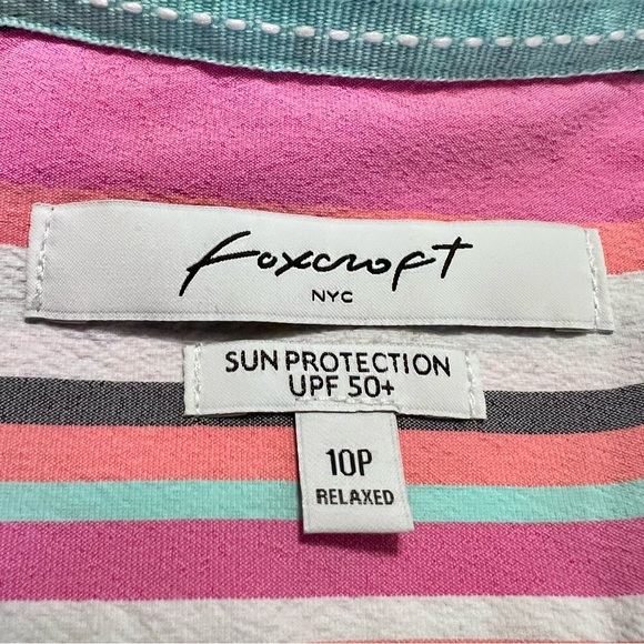 Foxcroft Reese Stripe Seersucker UPF Top Size 10P Colorful Wrinkle Free Roll Tab - Picture 13 of 16
